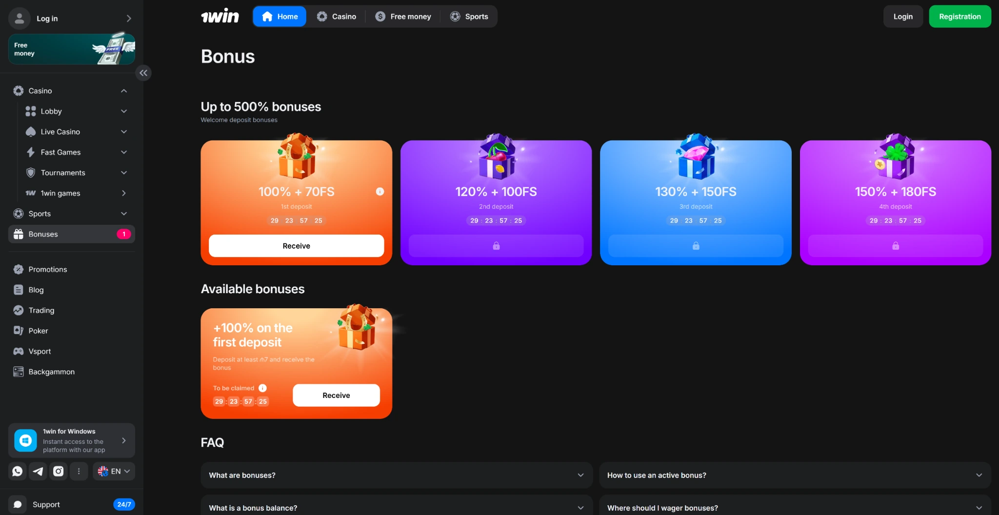Английский интерфейс 1win: раздел Bonus с четырьмя этапами приветственного предложения