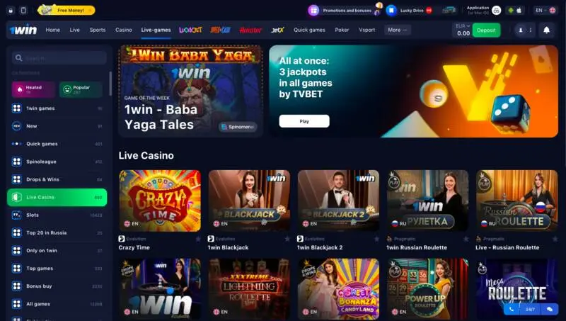 Английский интерфейс Live Casino 1win с играми Crazy Time, Blackjack и Roulette