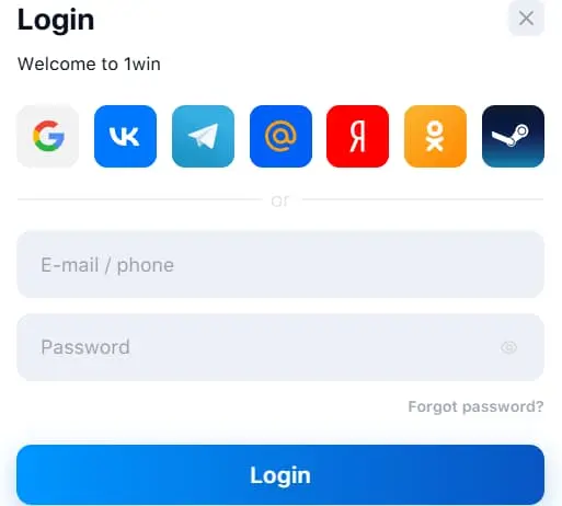 Английская форма входа 1win с полями E-mail or phone и Password